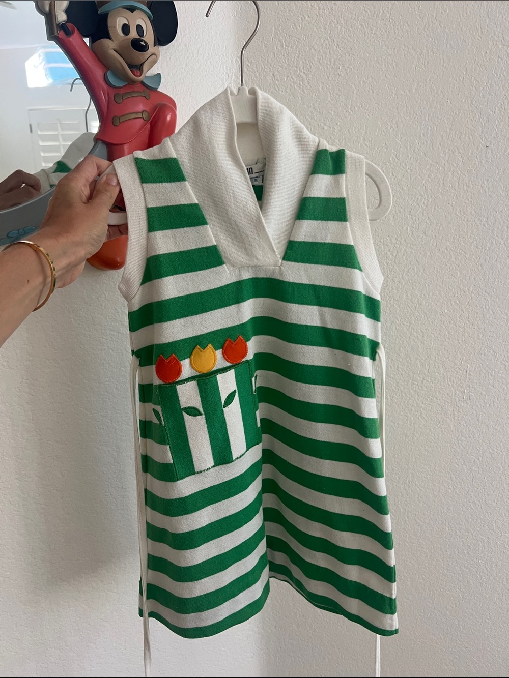 Florence Eiseman Green and White Striped Tulip Pocket Knit Dress 5T